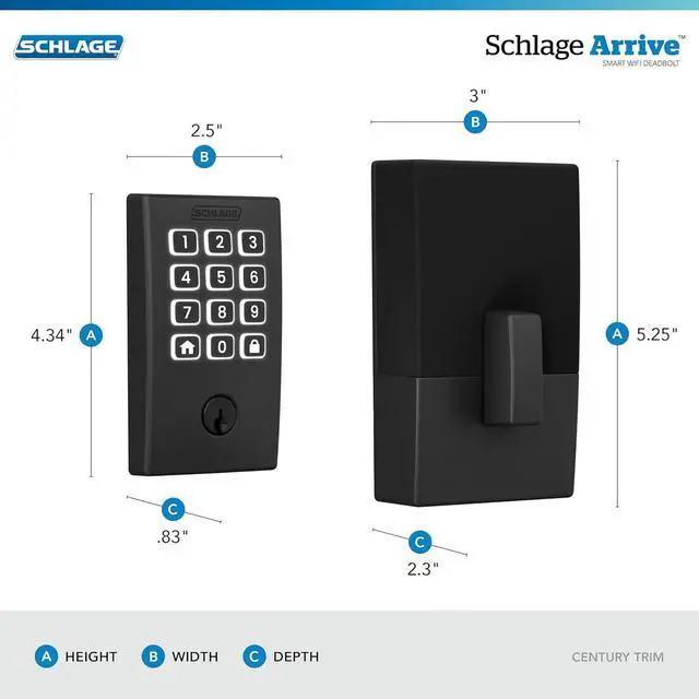 Alt view image 3 of 7 - Arrive WiFi Deadbolt Smart Lock, Keyless Entry Door Lock with Century Trim, Matte Black, Compatible with Alexa and Google, BE459WB CEN 622