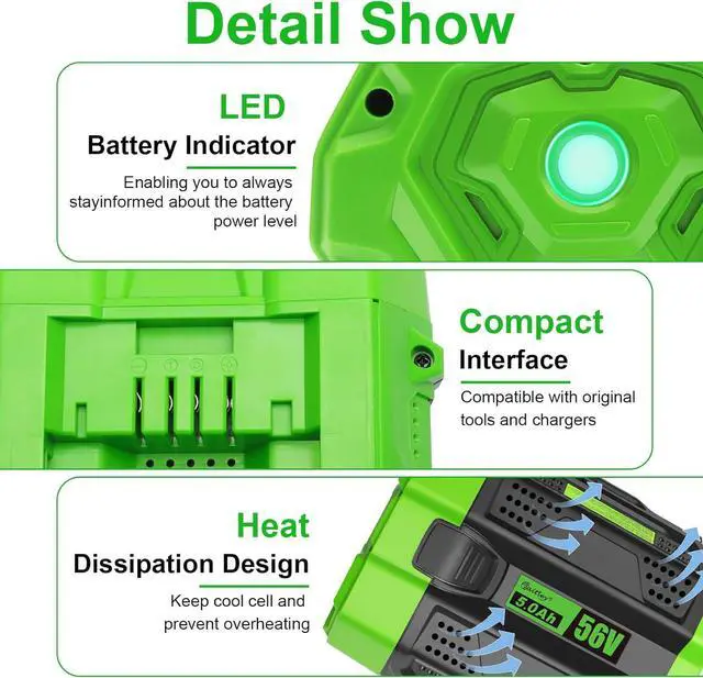 Alt view image 3 of 7 - 56V 5.0Ah Replacement for EGO 56V Battery BA2800T BA2800 BA4200 BA1400 Compatible with EGO 56-Volt CS1604 CS1804 CS1403 HT2400 LB6504 Power+ Cordless Tools