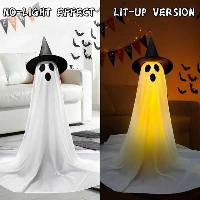 Alt view image 2 of 7 - Halloween Decorations Outdoor & Indoor Decor - 2 Pack 59-inch Remote Control Spooky Ghost String Lights with Witch Hats, Halloween Lights for Porch, Yards, Patio, Garden Lawn, Party