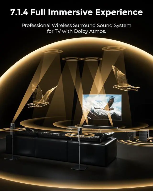 Alt view image 2 of 7 - Skywave X70 7.1.4ch Professional Wireless Surround Sound System for TV w/Dolby Atmos, 980W Sound Bar with 10" Wireless Subwoofer, 20Hz Low Frequency, GaN Amplifier, 4K HDR Pass-Through