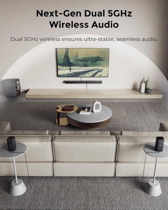 Alt view image 5 of 7 - Skywave X70 7.1.4ch Professional Wireless Surround Sound System for TV w/Dolby Atmos, 980W Sound Bar with 10" Wireless Subwoofer, 20Hz Low Frequency, GaN Amplifier, 4K HDR Pass-Through