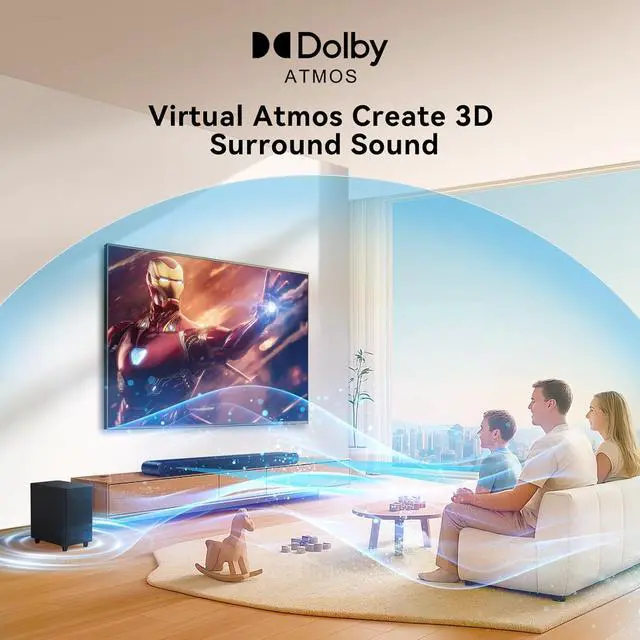 Alt view image 2 of 7 - 3.1CH Dolby Atmos Soundbar for Smart TV, 390w Virtual Atomos Surround Sound & Wired Subwoofer, 4K HDR Passthrough, HDMI/eARC Home Theater System