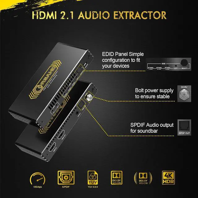 Alt view image 6 of 6 - 4K@120Hz HDMI 2.1 Audio Extractor Audio Converter,HDMI to HDMI,SPDIF Optical 7.1/5.1CH,Stereo 3.5mm,Supports VRR,CEC,Dolby Digital Audio De-embed,HDCP 2.2/2.3 Bypass,for PS5,Xbox, CO-HAE118