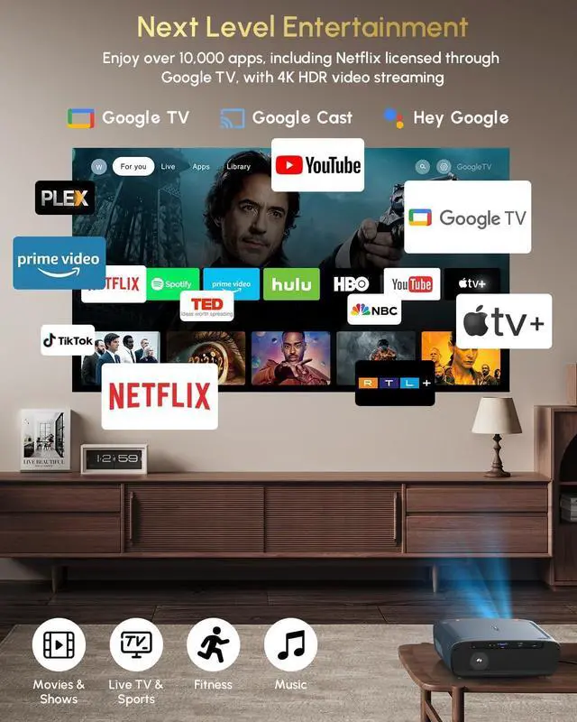 Alt view image 2 of 7 - 4K Google TV Projector with Netflix/Tof+CMOS AutoFocus,1900 ANSI High Lumen Daytime UHD Smart Projector Wireless NFC Casting, WiFi6, Bluetooth, HDR10+, Dolby Audio, HDMI Arc, Outdoor Movie Projectors