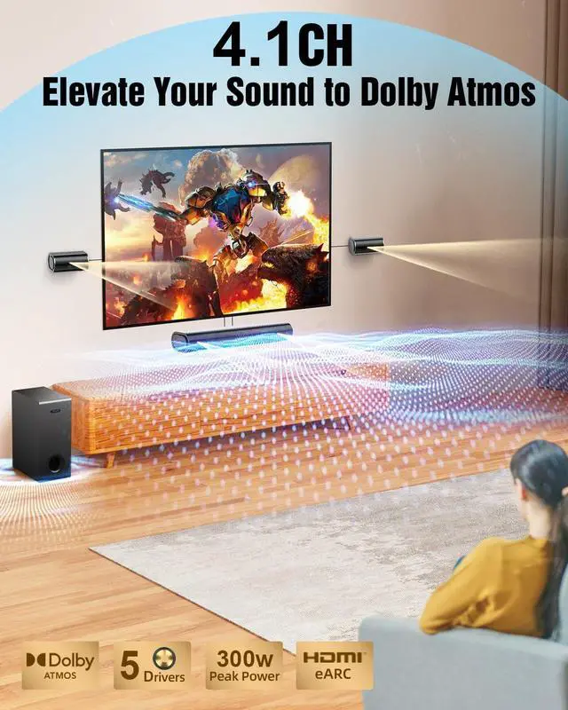 Alt view image 2 of 7 - 4.1ch Sound Bar with Dolby Atmos, 300W Sound Bar for Smart TV with Subwoofer, 2 Front Surround Speakers, Soundbar for TV Speaker, Adjustable Bass, Surround Sound System for TV, HiElite A41
