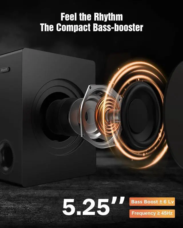 Alt view image 6 of 7 - 4.1ch Sound Bar with Dolby Atmos, 300W Sound Bar for Smart TV with Subwoofer, 2 Front Surround Speakers, Soundbar for TV Speaker, Adjustable Bass, Surround Sound System for TV, HiElite A41