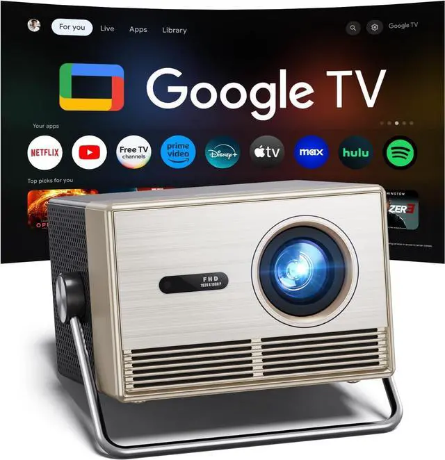 Main image of 2000 ANSI Official Licensed Google TV Outdoor Projector 4K Full HD, Smart Projector with Wifi and Bluetooth, Auto Focus, Dolby Sound, Built-in Apps, Indoor Home Theater for Phone/TV Stick/PC/PS5-Gold