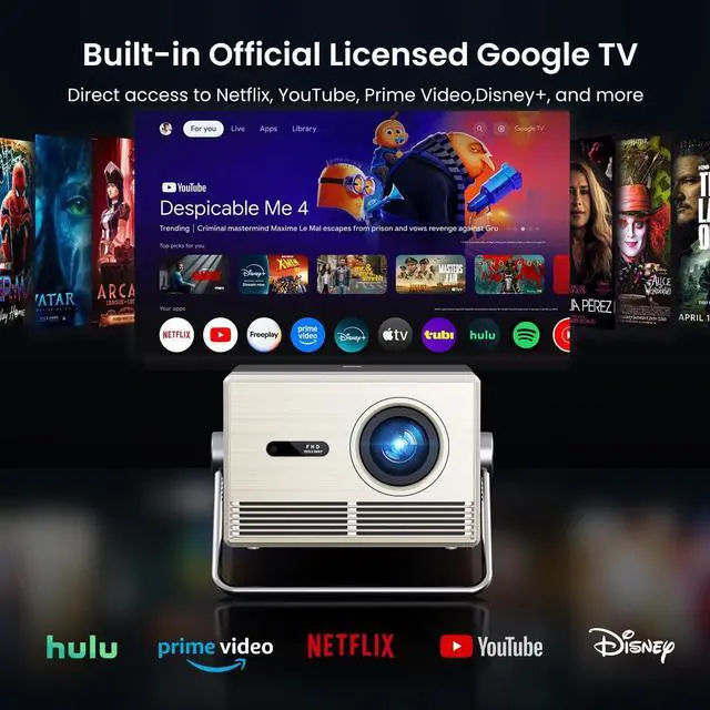 Alt view image 2 of 7 - 2000 ANSI Official Licensed Google TV Outdoor Projector 4K Full HD, Smart Projector with Wifi and Bluetooth, Auto Focus, Dolby Sound, Built-in Apps, Indoor Home Theater for Phone/TV Stick/PC/PS5-Gold