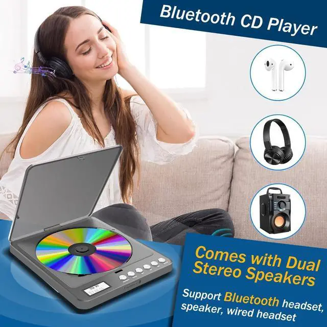 Alt view image 2 of 7 - Portable CD Player with Bluetooth and FM Transmitter, 2000mAh Rechargeable Players Speakers Dual Headphones Jack Anti-Skip cd for Car Home Adults Kids