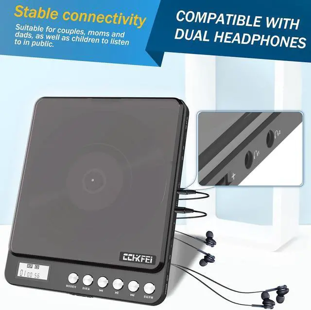 Alt view image 5 of 7 - Portable CD Player with Bluetooth and FM Transmitter, 2000mAh Rechargeable Players Speakers Dual Headphones Jack Anti-Skip cd for Car Home Adults Kids