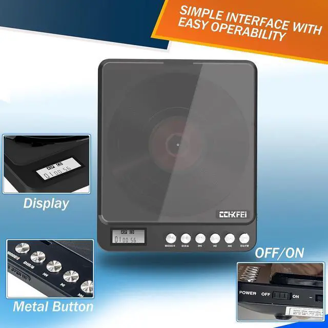 Alt view image 7 of 7 - Portable CD Player with Bluetooth and FM Transmitter, 2000mAh Rechargeable Players Speakers Dual Headphones Jack Anti-Skip cd for Car Home Adults Kids