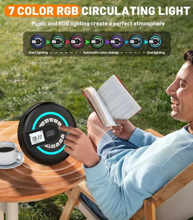 Alt view image 2 of 7 - Portable CD Player with Speaker Bluetooth Disman for Car with FM Transmitter Rechargeable CD Player Portable with Anti-Skip Protection, Headphones, AUX/USB Supported, LCD Display RGB Light