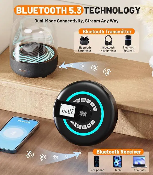 Alt view image 5 of 7 - Portable CD Player with Speaker Bluetooth Disman for Car with FM Transmitter Rechargeable CD Player Portable with Anti-Skip Protection, Headphones, AUX/USB Supported, LCD Display RGB Light