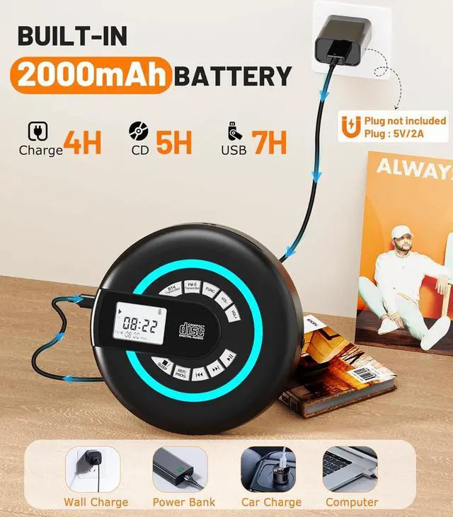 Alt view image 7 of 7 - Portable CD Player with Speaker Bluetooth Disman for Car with FM Transmitter Rechargeable CD Player Portable with Anti-Skip Protection, Headphones, AUX/USB Supported, LCD Display RGB Light