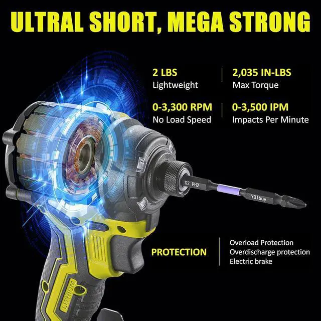 Alt view image 3 of 7 - YOIbuy Cordless Impact Driver (Tool Only), Ultral short head, Mega power, Compatible with Dewalt 20V Batteries, 1/4"Brushless impact dirver with 4-Speed Settings, Smart-Mode, LED Light (BLACK)