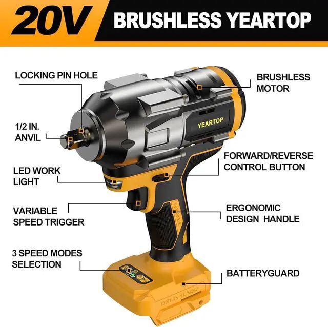 Alt view image 2 of 7 - Cordless Impact Wrench 1/2 inch for Dewalt 20V Battery, 900FT-LBS(1200N.m) Driver Brushless, High Torque with 6 Pcs Sockets & Gift Box (No Battery)