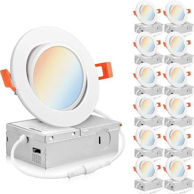 Main image of PARMIDA (12 Pack) 4 Inch LED Gimbal 5CCT Recessed Lighting, Directional Adjustable Canless Ceiling Light with J-Box, 2700K-5000K 5 Color Selectable, 9W, Eyeball Ultra-Thin Slim Panel, Dimmable, ETL