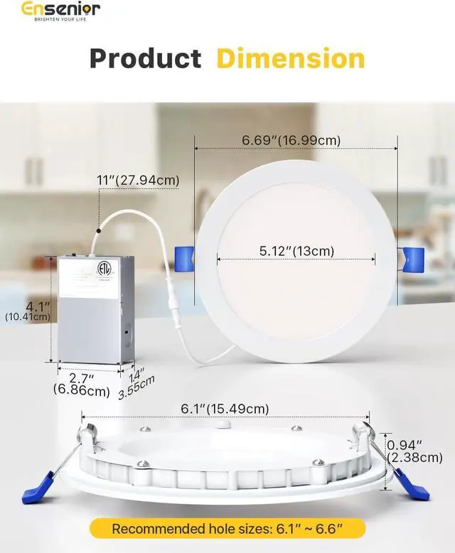 Alt view image 5 of 7 - 24 Pack 6 Inch LED Recessed Ceiling Light, Dimmable, 2700K-5000K 5CCT, 1200LM 12W 120V, High Brightness Canless Wafer Downlight - ETL&FCC&IC