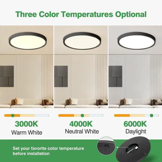Alt view image 2 of 7 - 12 Inch LED Flush Mount Ceiling Light 6PK, 24W, 2520LM, 3000K/4000K/6000K CCT Selectable, Round Flat Panel Light Low Profile Ceiling Light Fitures for Hallway, Kitchen, Bedroom, Laundry Room, Black