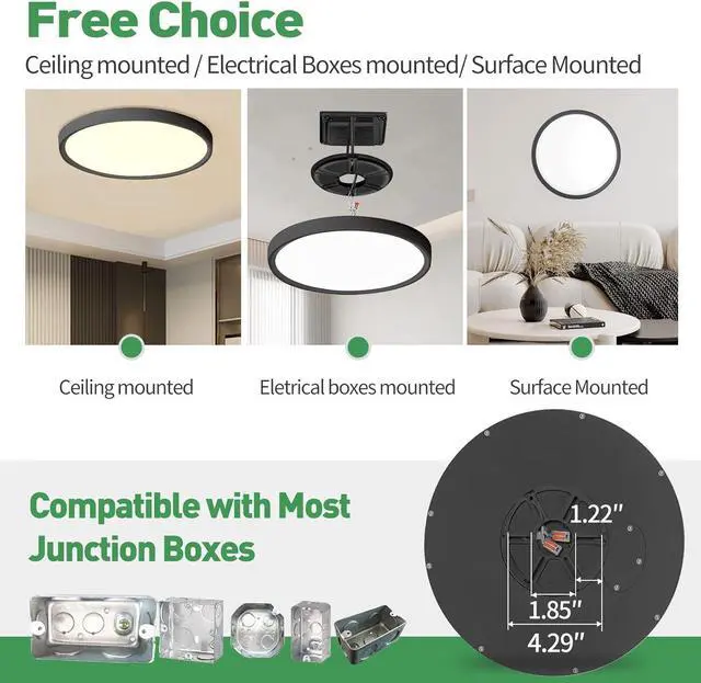 Alt view image 3 of 7 - 12 Inch LED Flush Mount Ceiling Light 6PK, 24W, 2520LM, 3000K/4000K/6000K CCT Selectable, Round Flat Panel Light Low Profile Ceiling Light Fitures for Hallway, Kitchen, Bedroom, Laundry Room, Black