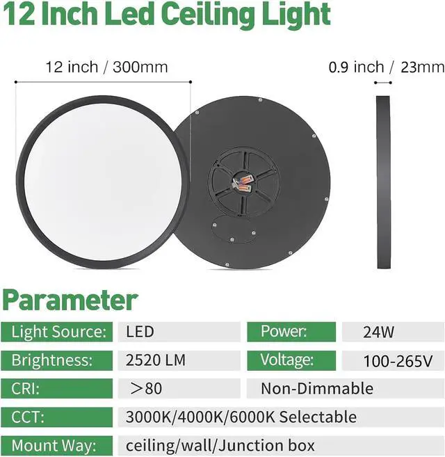 Alt view image 4 of 7 - 12 Inch LED Flush Mount Ceiling Light 6PK, 24W, 2520LM, 3000K/4000K/6000K CCT Selectable, Round Flat Panel Light Low Profile Ceiling Light Fitures for Hallway, Kitchen, Bedroom, Laundry Room, Black