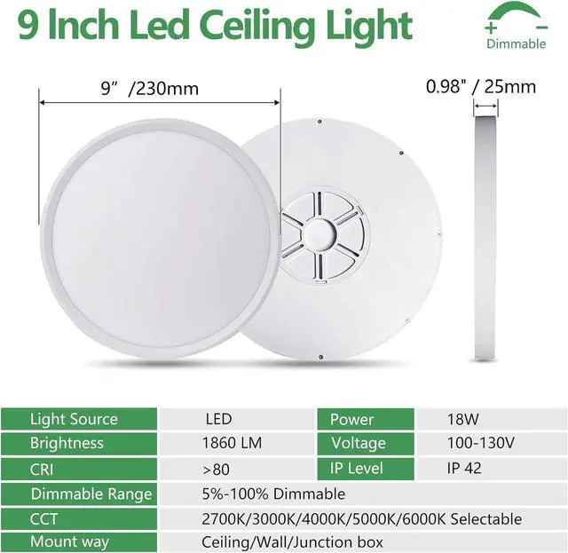 Alt view image 5 of 7 - Dimmable 9 Inch LED Flush Mount Ceiling Light, 2700K/3000K/4000K/5000K/6000K CCT Selectable,18W 1860LM Round Flat Panel Light Low Profile Led Light Fitures for Kitchen Living Room Bedroom6PK- 5CCTD