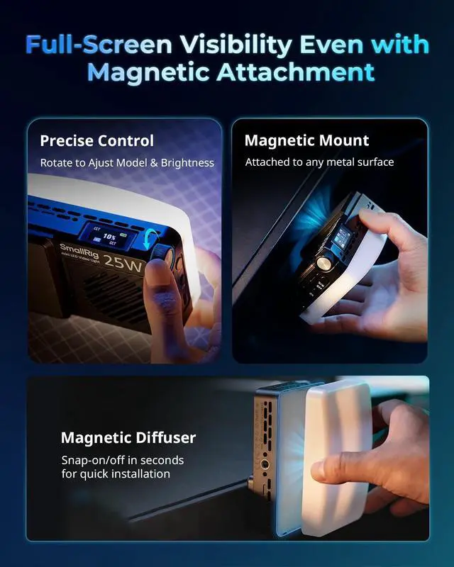 Alt view image 5 of 7 - RM 25C Mini LED RGB Video Light, 3100mAh Battery, HD LCD Display, 25W Portable Camera Light Gifts for Photographers, Content Creators, 2500K-10000K CRI 96 TLCI 99, Magnetic Mounting - 5357