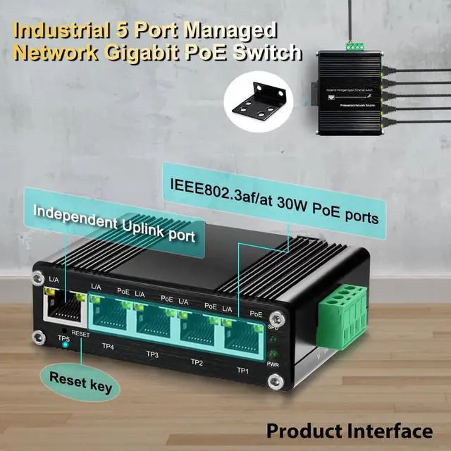 Alt view image 2 of 7 - Industrial 5 Port Managed Network Gigabit PoE Switch,IEEE802.3af/at Total Output Max 120W Support Smart Web Management,QoS,Vlan