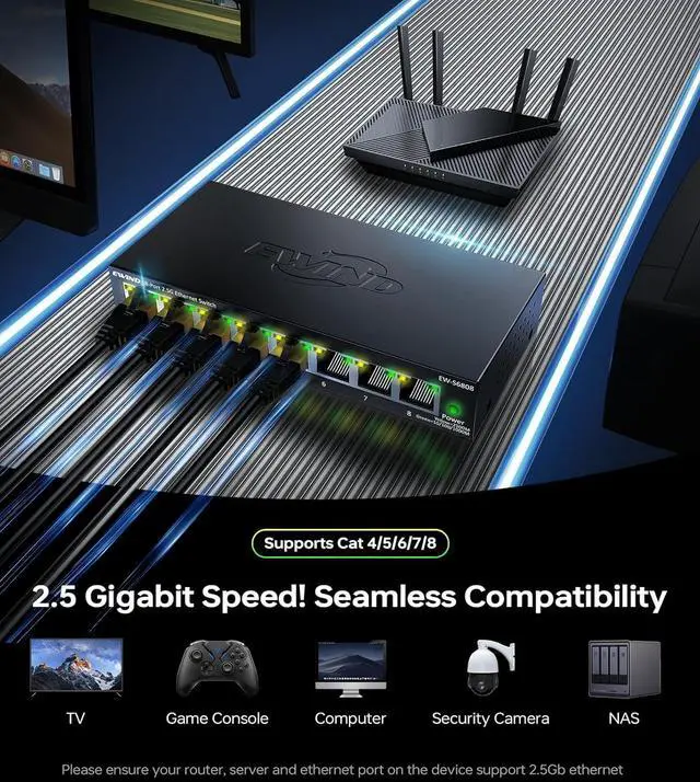Alt view image 2 of 7 - 8-Port 2.5Gb Switch with LED, 8 x 2.5G Multi-Gigabit Ethernet for Game, NAS, Computer Unmanaged Network Plug & Play Fanless Quiet, Desktop Wall Mount Metal Splitter
