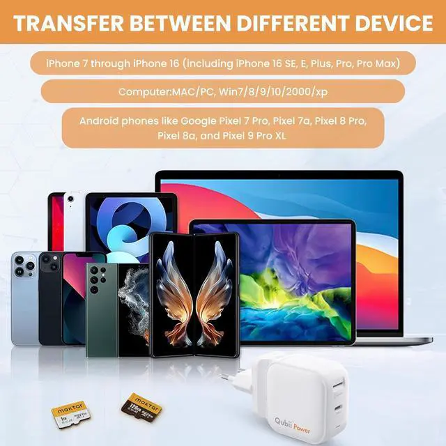 Alt view image 4 of 7 - MFi Certified Marktar Qubii Power Auto Photo Backup GaN USB-C PD Charger | 45W AP Block for Android iPhone Wall Charging Cardreader Free App Included