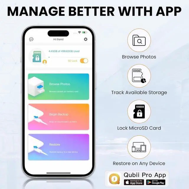 Alt view image 3 of 7 - MFi Certified Marktar Qubii Power Auto Photo Backup GaN USB-C PD Charger | 45W AP Block for Android iPhone Wall Charging Cardreader Free App Included