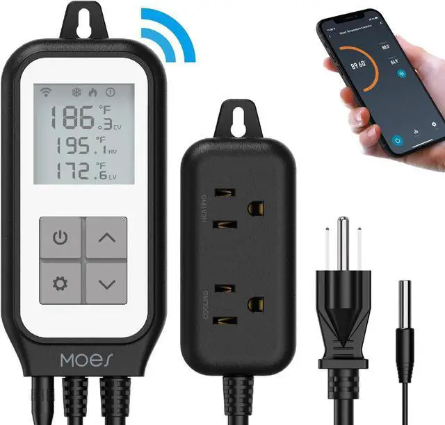 Main image of Smart WiFi Cooling Heating Thermostat Outlet, Tuya Digital Temperature Controller Sensor Plug for Reptile Fermenter Brewing Breeding Heat Mat, Life Remote Control, -22-221,10A 1250W