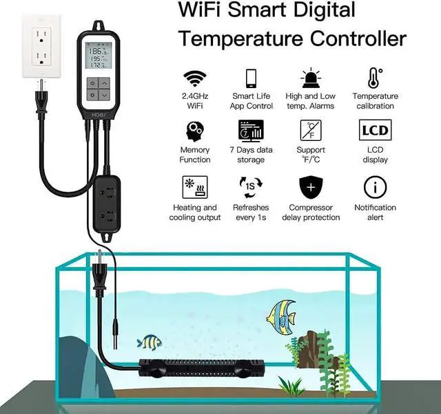 Alt view image 2 of 7 - Smart WiFi Cooling Heating Thermostat Outlet, Tuya Digital Temperature Controller Sensor Plug for Reptile Fermenter Brewing Breeding Heat Mat, Life Remote Control, -22-221,10A 1250W