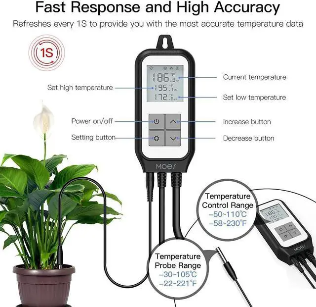 Alt view image 3 of 7 - Smart WiFi Cooling Heating Thermostat Outlet, Tuya Digital Temperature Controller Sensor Plug for Reptile Fermenter Brewing Breeding Heat Mat, Life Remote Control, -22-221,10A 1250W