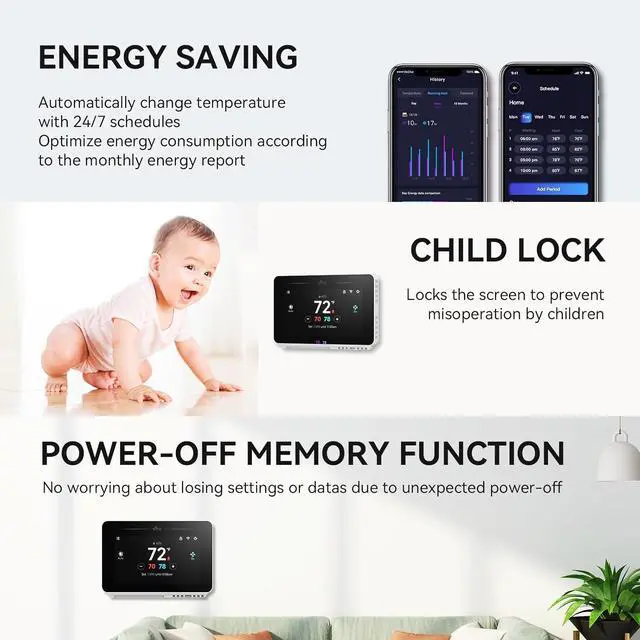 Alt view image 6 of 7 - Programmable Thermostat for House with 4.3" Touch Screen, WiFi Smart Home AC and Heating, App/Voice Control, Compatible Alexa Google Assistant, C-Wire Required, TJ-919T