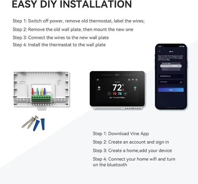 Alt view image 7 of 7 - Programmable Thermostat for House with 4.3" Touch Screen, WiFi Smart Home AC and Heating, App/Voice Control, Compatible Alexa Google Assistant, C-Wire Required, TJ-919T