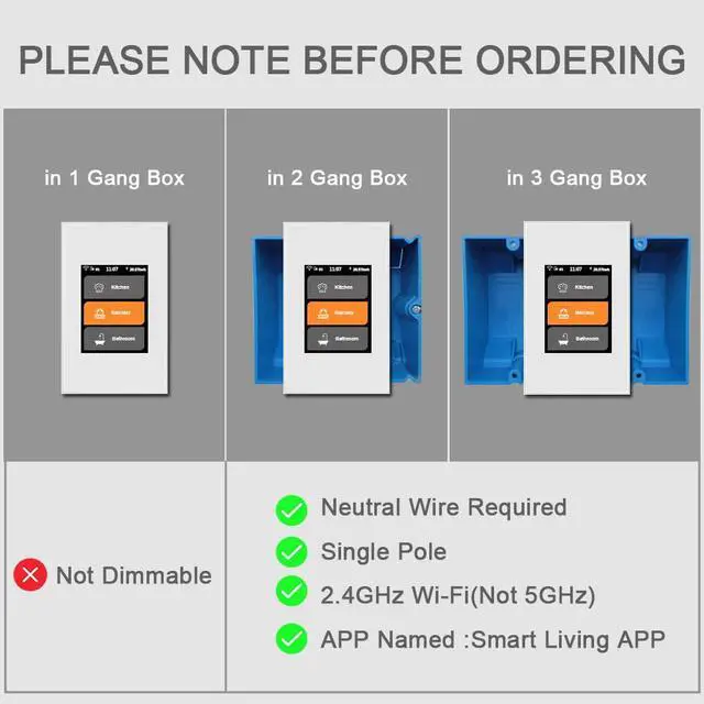 Alt view image 2 of 7 - 1/2/3 Gang Smart Light Switch 3 Way for Whole House, LCD Magic Panel by WiFi Mesh Never be Offline, 2.4G Wi-Fi Compatible with Alexa&Google Home, Neutral Wire Required,L8-HS-White