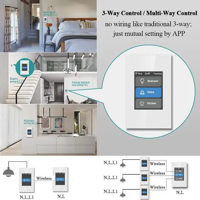Alt view image 6 of 7 - 1/2/3 Gang Smart Light Switch 3 Way for Whole House, LCD Magic Panel by WiFi Mesh Never be Offline, 2.4G Wi-Fi Compatible with Alexa&Google Home, Neutral Wire Required,L8-HS-White