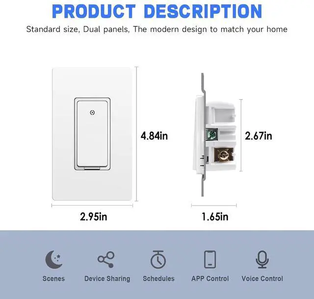 Alt view image 7 of 7 - Smart Light Switch, 2.4GHz Wi-Fi Switch Compatible with Alexa and Google Home, Schedule, Timer, APP Control, Single Pole, Need Neutral Wire, No Hub Required, White, 4PK