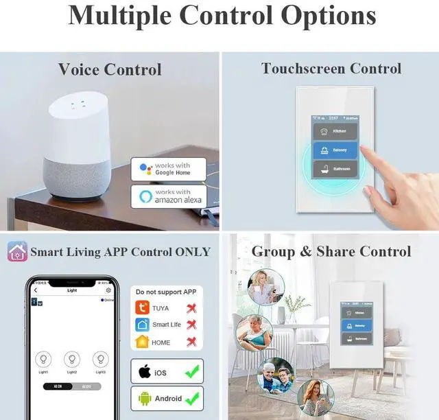 Alt view image 5 of 7 - 1/2/3 Gang Smart Light Switch 3 Way for Whole House, LCD Magic Panel by WiFi Mesh Never be Offline, 2.4G Wi-Fi Compatible with Alexa&Google Home, Neutral Wire Required,L8-HS-White