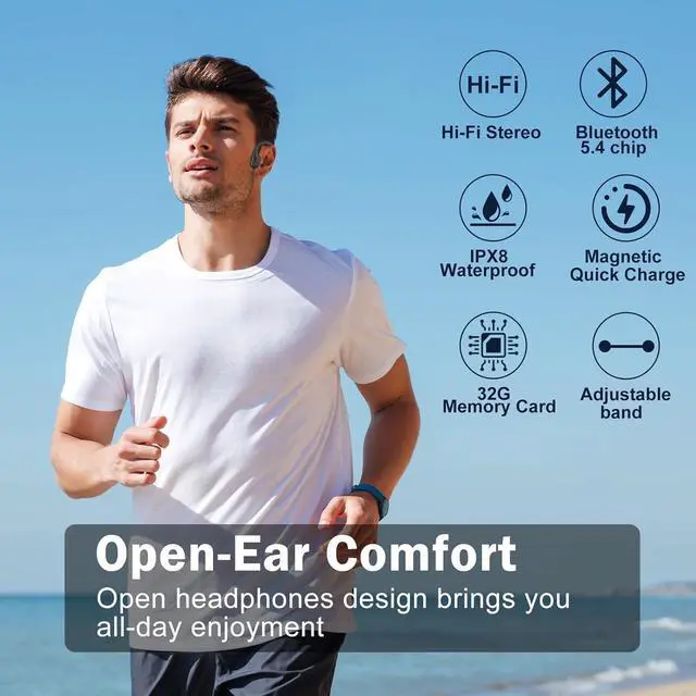 Alt view image 3 of 7 - Swimming Headphones-Bone Conduction Headphones, IP68 Waterproof Open Earphones, LiteSurge Bluetooth 5.4 Underwater Sport Earbuds with 32 GB MP3 Memory for Swimming, Marathon-Black