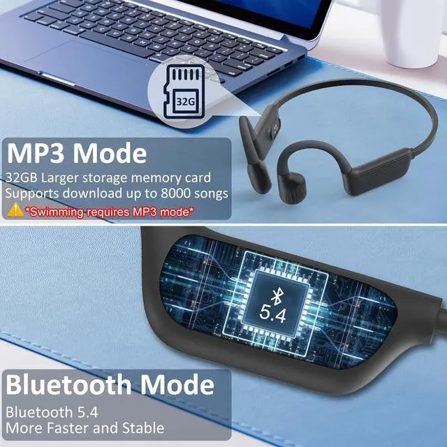 Alt view image 4 of 7 - Swimming Headphones-Bone Conduction Headphones, IP68 Waterproof Open Earphones, LiteSurge Bluetooth 5.4 Underwater Sport Earbuds with 32 GB MP3 Memory for Swimming, Marathon-Black