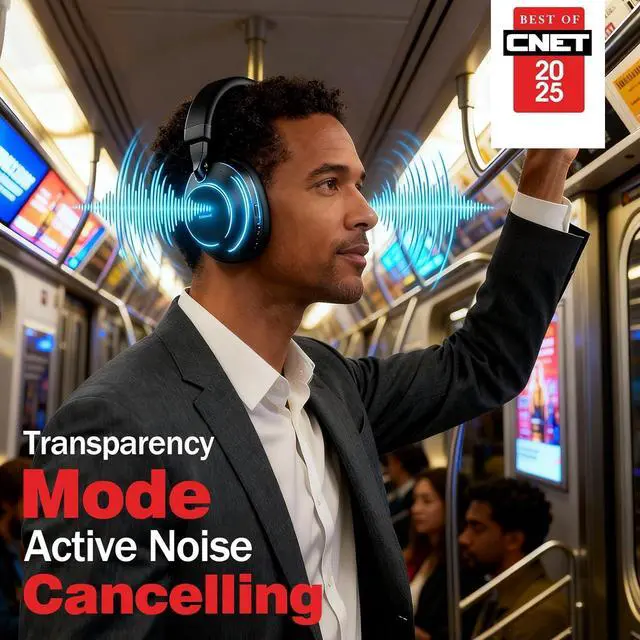 Alt view image 3 of 7 - Noise Cancelling Headphones Over Ear Bluetooth 5.3, Wireless/Wired Headset with Mic, 40H Playtime, Deep Bass, Foldable, Transparency Mode, Ideal for Airplane Travel, Work, Commute, Sleep