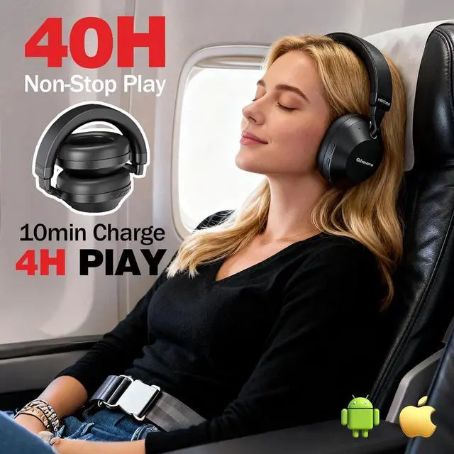 Alt view image 4 of 7 - Noise Cancelling Headphones Over Ear Bluetooth 5.3, Wireless/Wired Headset with Mic, 40H Playtime, Deep Bass, Foldable, Transparency Mode, Ideal for Airplane Travel, Work, Commute, Sleep