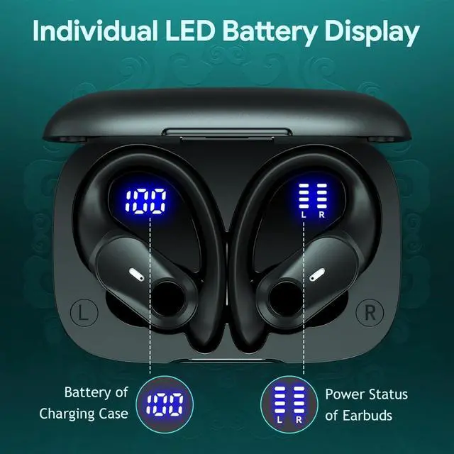 Alt view image 4 of 6 - Active Noise Cancelling Ear Buds Wireless Earbuds Bluetooth Headphones with 80H Playtime LED Display Charging Case, Over Earphones Hooks for Sports Running Gym Workout Black