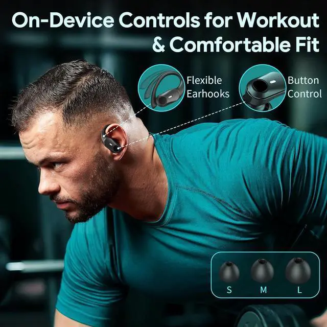 Alt view image 6 of 6 - Active Noise Cancelling Ear Buds Wireless Earbuds Bluetooth Headphones with 80H Playtime LED Display Charging Case, Over Earphones Hooks for Sports Running Gym Workout Black
