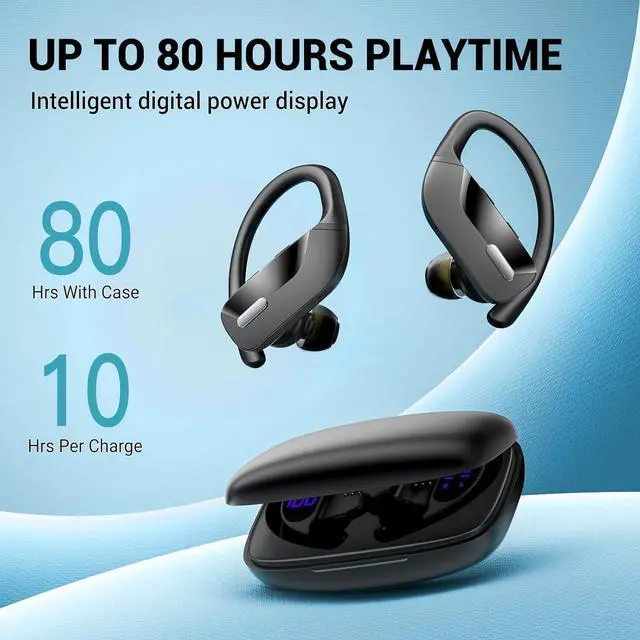 Alt view image 3 of 7 - Active Noise Cancelling Ear Buds Wireless Sport Earbuds Bluetooth Headphones with Mic 80H Playtime IPX5 Waterproof Deep Bass Earphones Over Headset for Running Gym Workout - Black