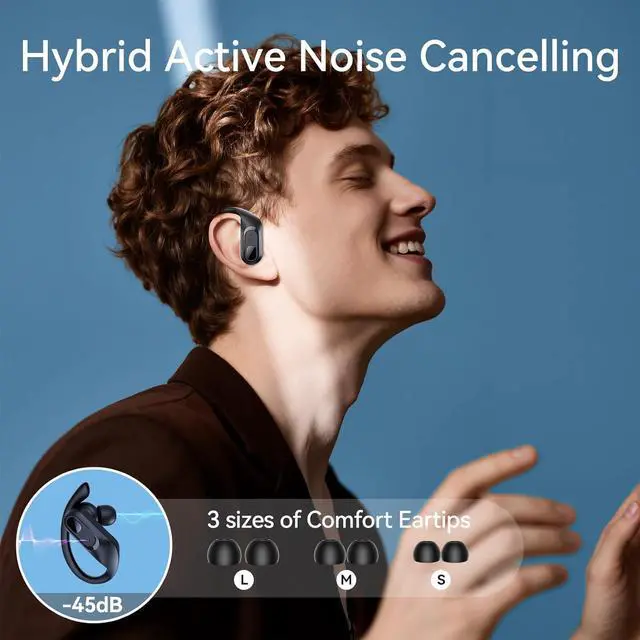 Alt view image 2 of 7 - Active Noise Cancelling Ear Buds Wireless Earbuds Bluetooth Headphones 96Hrs Playback LED Display Over-Ear Waterproof Earphones with Earhooks Mics Clear Call for Sport/Running/Workout Black