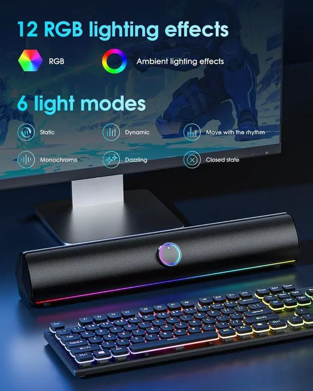 Alt view image 2 of 7 - Computer Speakers,[Upgraded] 2600mAh RGB PC Soundbar,Bass Boost,HiFi Stereo Bluetooth Speakers with Touch Buttons for Laptops,Phone,Great Gamers,Families,Professionals