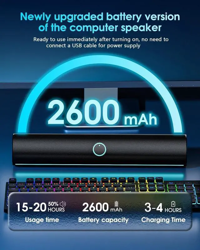 Alt view image 5 of 7 - Computer Speakers,[Upgraded] 2600mAh RGB PC Soundbar,Bass Boost,HiFi Stereo Bluetooth Speakers with Touch Buttons for Laptops,Phone,Great Gamers,Families,Professionals